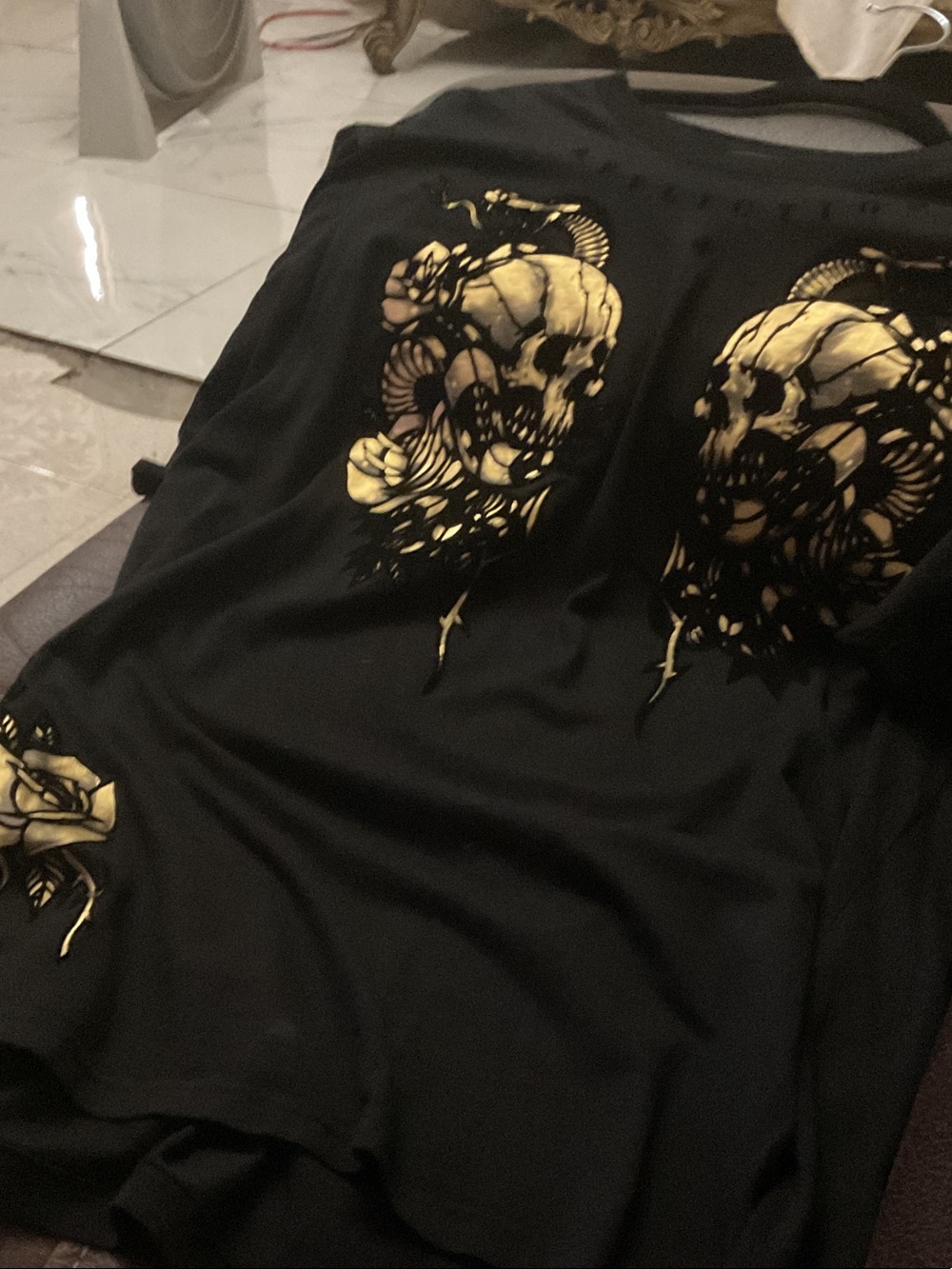 Affliction Black T-Shirt with Gold Skull & Rose Motif